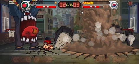 Head Basketball - This image displays the game's dynamic on-court action, illustrating a character executing a powerful special move with erupting ground effects and the clear score/timer interface.