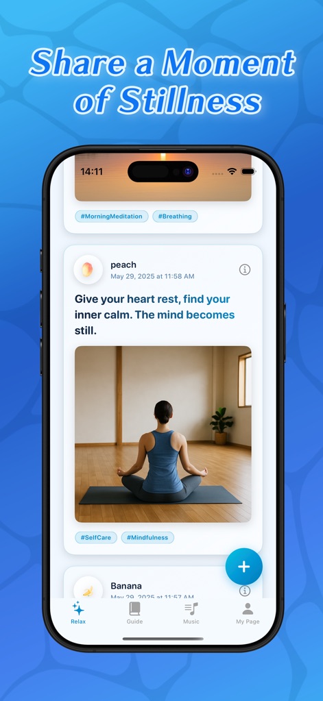 AQUA - Meditative Video Chat - Explore the app's community feed, featuring user-shared meditation posts with relevant hashtags, alongside a clear, intuitive bottom navigation bar for easy access.