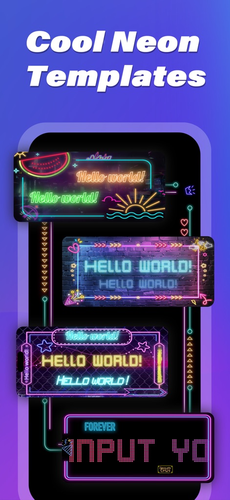 LED Banner : Make It Big Text - La aplicación ofrece una biblioteca de plantillas con estética neón que facilitan la creación rápida de mensajes, destacando los bordes luminosos y el texto "Hello world!".