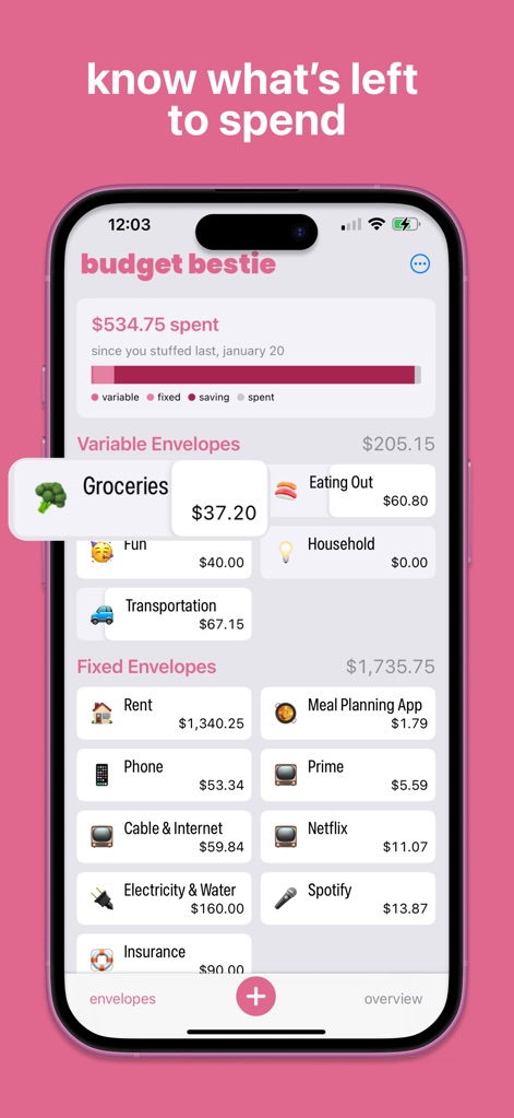 Budget Bestie - 사용자는 식료품과 같은 특정 봉투의 현재 잔액과 총 지출 금액을 명확하게 확인할 수 있어, 예산 내에서 얼마가 남았는지 직관적으로 알 수 있습니다.