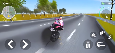 Moto Rider: Speed Chase - The app allows for spectacular tricks, featuring a rider performing a wheelie with visible sparks from the rear wheel and a stylish customized motorbike.