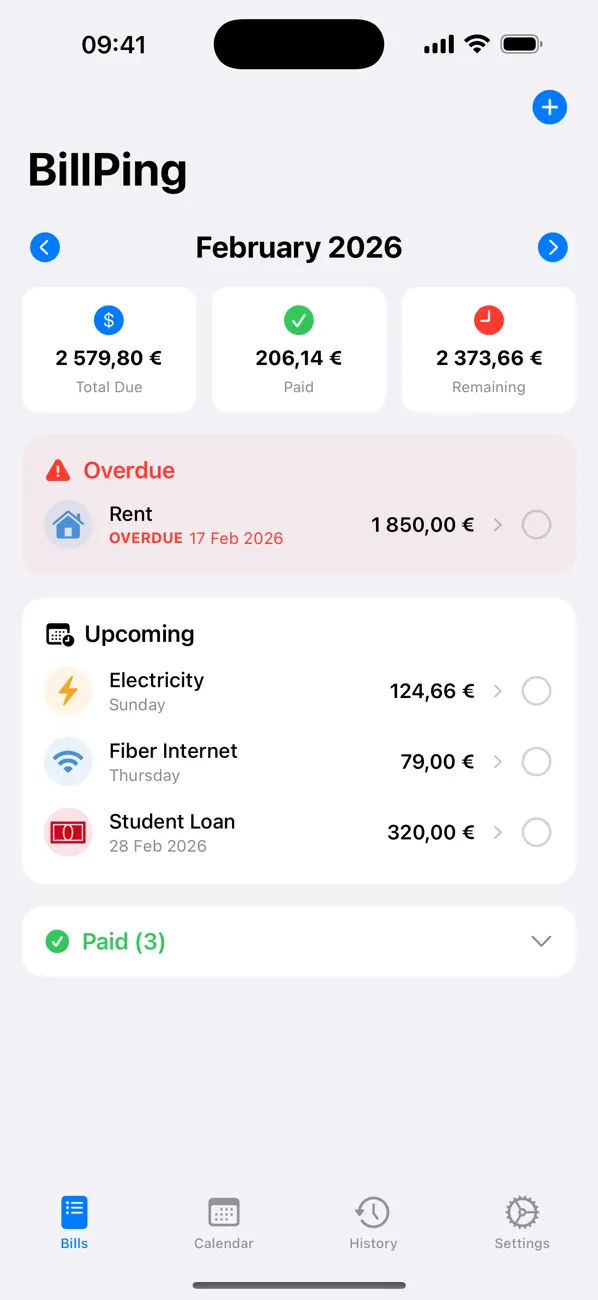 Screenshot #1 pour BillPing: Bill Tracker