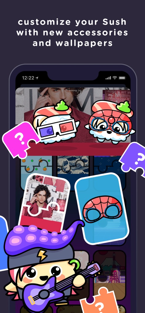 SUSH Virtual Pet Grow & Evolve - Users can personalize their virtual pets with unique accessories such as '3D glasses' and adorn their backgrounds with a diverse selection of unlockable wallpapers.