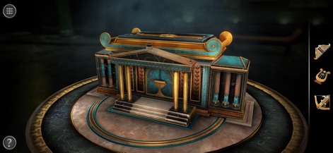 Boxes: Lost Fragments - O jogo apresenta uma caixa de quebra-cabeça com arquitetura inspirada em templos antigos, adornada com elegantes colunas e esquemas de cores de ouro e azul-petróleo, sugerindo uma rica tapeçaria cultural.
