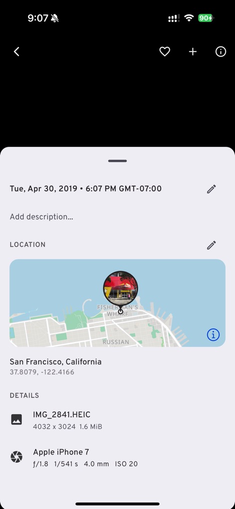 Immich - Access in-depth photo details, including an interactive "LOCATION" map and comprehensive technical metadata like image dimensions and camera model.