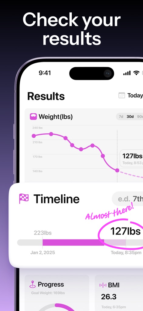 MeAgain: GLP-1 all-in-one app - Monitor progress effectively with a detailed Weight (lbs) graph and a visual Timeline marking key milestones and achievements.