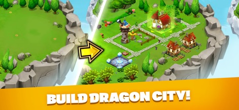 DragonVale - Breed Dragons - L'application permet de transformer une île vierge en un parc dragon florissant, démontrant l'aspect de gestion de parc avec la construction de bâtiments et de décorations.
