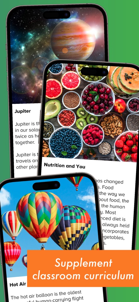 Spark Reading for Kids - The app serves as an excellent educational supplement, providing content on varied academic subjects like 'Jupiter' and 'Nutrition and You' to align with classroom learning.