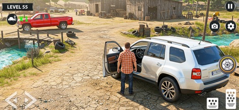 Offroad Prado Car Driving 2025 - La captura presenta el detalle del SUV blanco con su puerta abierta y un conductor listo para comenzar, sumergiendo a los usuarios en el cuidado paisaje detallado del juego.