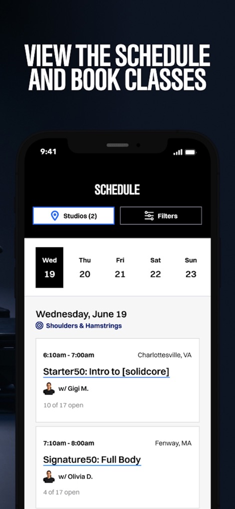 [solidcore] - Explora la programación completa, permitiendo a los usuarios filtrar por 'Estudios' y visualizar los 'Cupos disponibles' para cada sesión.