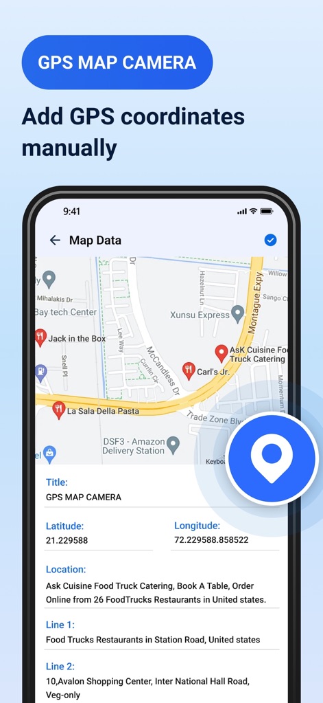 GPS Maps Camera - This feature provides granular control, enabling users to manually input precise latitude and longitude coordinates or custom address details for any desired location.