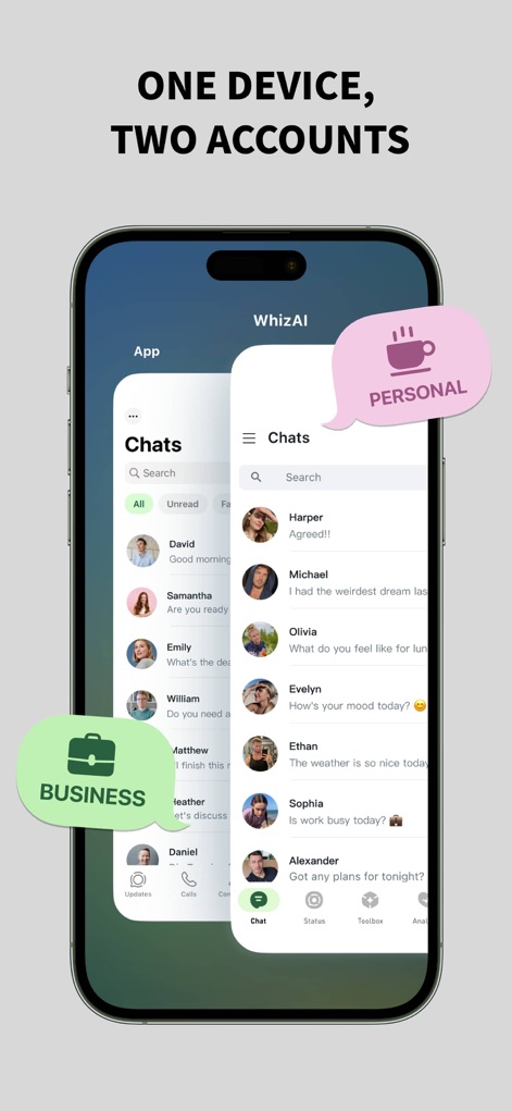 WhizAI for WA - This feature allows users to seamlessly manage separate business and personal chat accounts, providing clear distinction and organization within a single device.