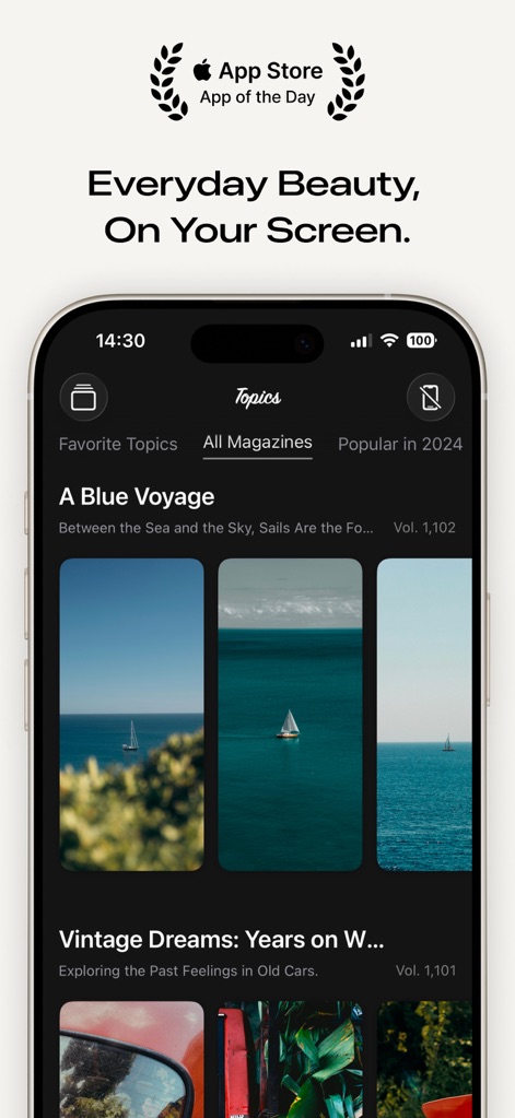 Clarity Wallpaper - The app proudly displays its "App of the Day" recognition, alongside elegantly organized topic feeds featuring captivating entries like "A Blue Voyage" and "Vintage Dreams".