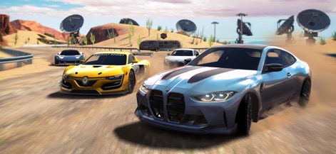 Race Max Pro: Car Racing Games - Explore diverse racing environments with multiple high-performance cars navigating a dusty desert track alongside unique radar dish structures.