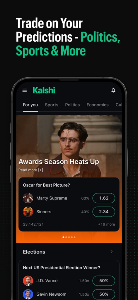 Kalshi: Trade News & Sports - La plataforma ofrece una amplia gama de mercados más allá de los deportes, incluyendo "Politics" y "Culture", visible con las predicciones para el "Oscar for Best Picture?" y las opciones de "Elections".