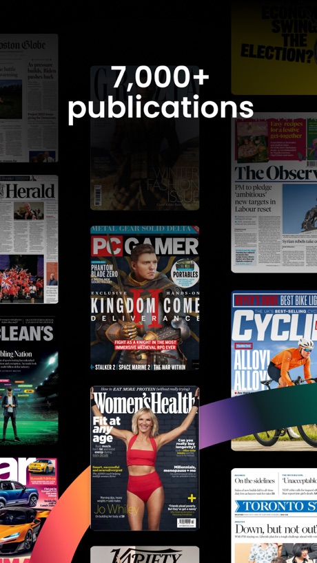 PressReader: News & Magazines App Store screenshot 2, headline “7,000+ publications”. Words over the screen.