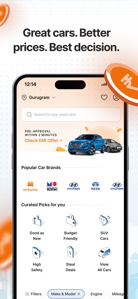 CARS24® – Sell & Buy Used Cars - Refine your car search using 'Curated Picks' like 'Good as New' and detailed filter options such as 'Make & Model' for precise selections.
