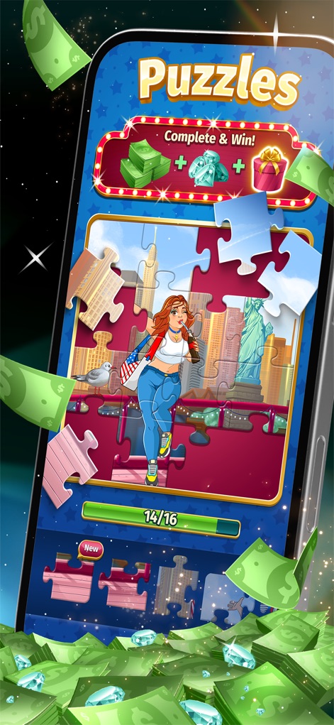 Solitaire Stash: Win Real Cash - Beyond Solitaire, users can engage in 'Puzzles' mini-games, shown with an active jigsaw puzzle and a progress bar indicating completion towards rewards.