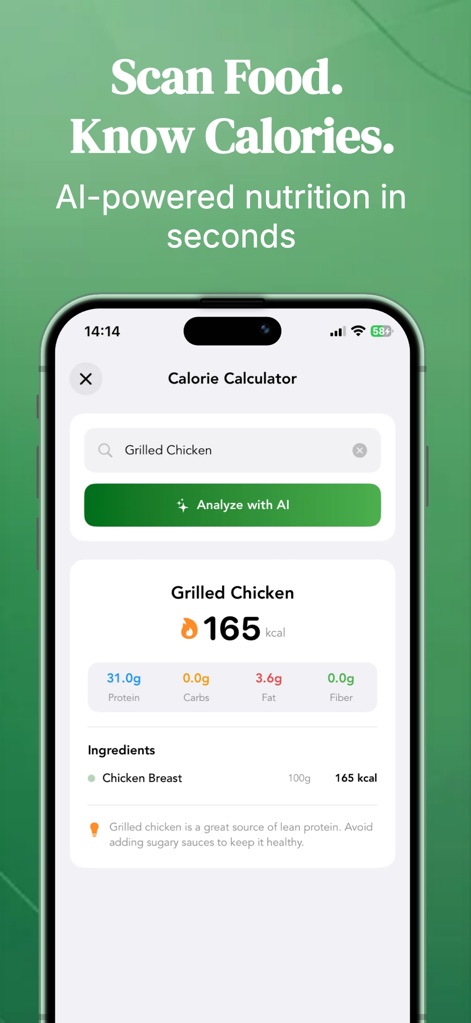 The Pedometer: Step Counter - O aplicativo apresenta um 'Calorie Calculator' com a capacidade de 'Analyze with AI' para alimentos específicos, detalhando componentes nutricionais como 'Protein' e 'Carbs'.