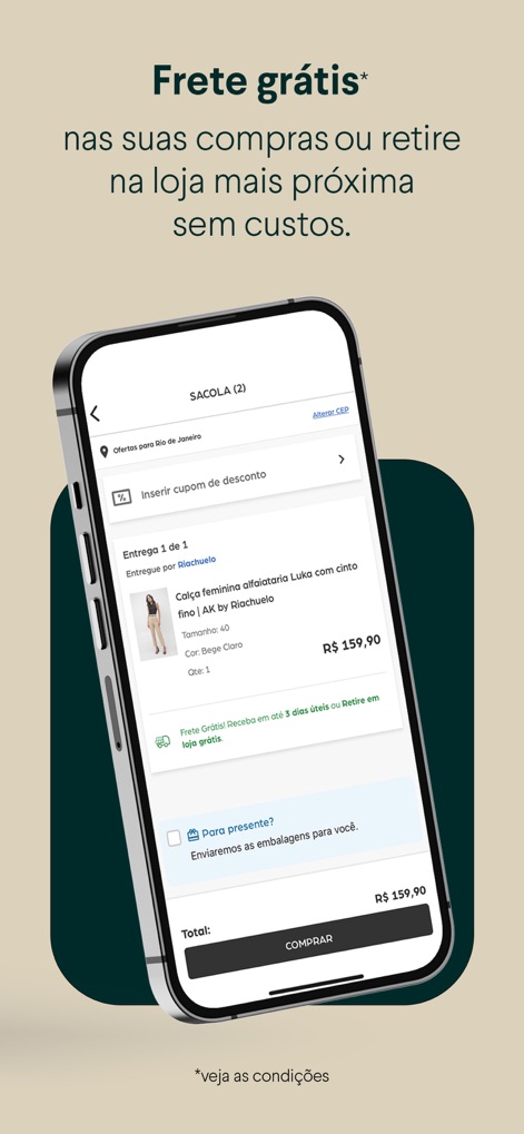 Riachuelo - Roupas e compras - The shopping cart interface displays options for "Frete grátis" (Free shipping) and convenient in-store pickup, streamlining the purchase process.