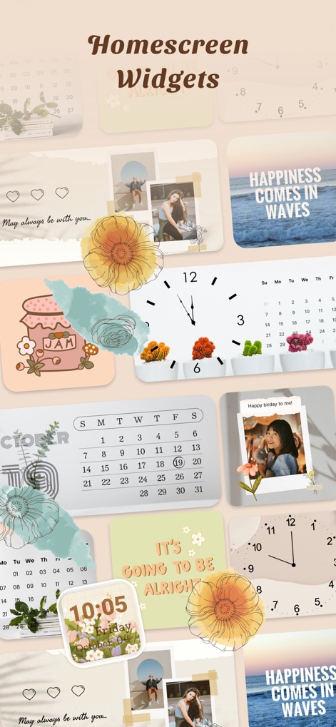 MyTheme - App Icons & Widgets - Explore the extensive range of homescreen widgets, from functional clocks and calendars to personalized photo frames, all designed with aesthetic floral accents and pastel colors.