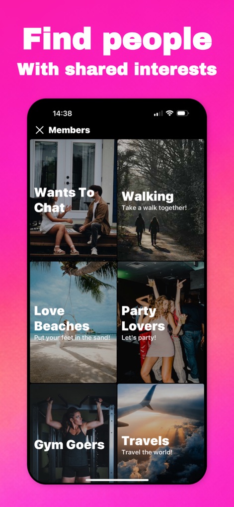 Video Dating App - Minglify - Explore the 'Members' section to connect with others based on shared interests, from 'Walking' and 'Love Beaches' to 'Party Lovers' and 'Travels'.