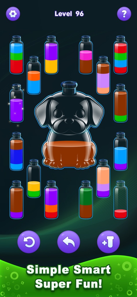 Water Sort Master! - Admire the charming dog-shaped bottle, a fun focal point amidst the colorful liquid transfers, perfectly embodying the "Simple Smart Super Fun!" experience.
