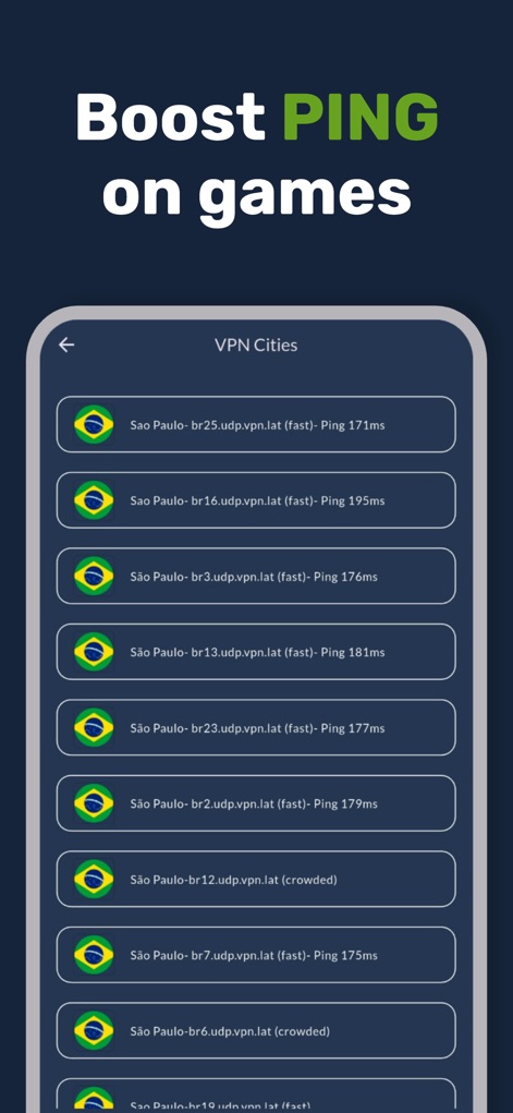 VPN.lat: unlimited and secure - Esta sección detalla la optimización para gamers, ofreciendo una lista de servidores en "São Paulo" que incluyen el "valor de Ping" para mejorar la experiencia de juego.