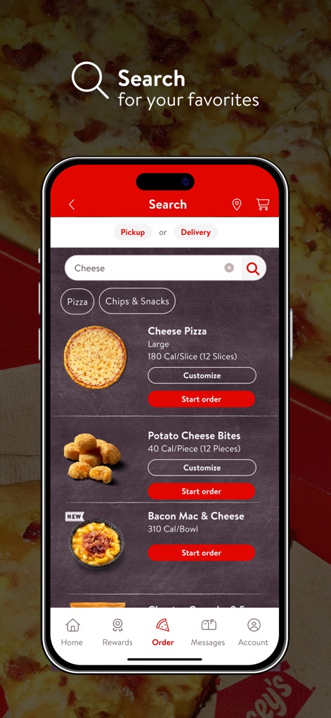 Casey's - The intuitive ordering interface enables quick searching for menu items like 'Cheese Pizza' or 'Bacon Mac & Cheese' and offers customization before adding to the cart.