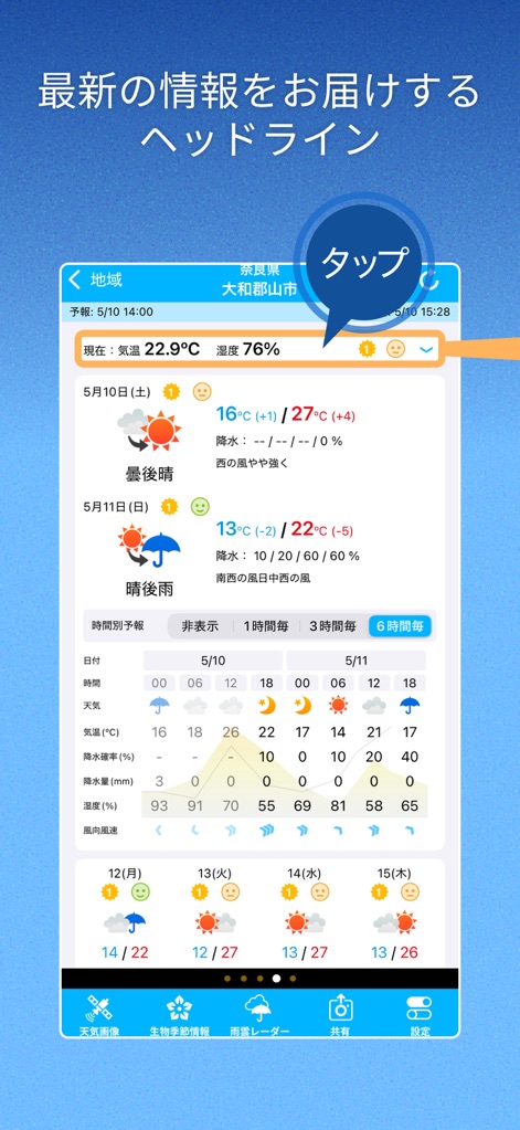 そら案内 - Get immediate updates with the prominent headline displaying current temperature and humidity, alongside a comprehensive forecast view broken down by user-selectable time intervals.