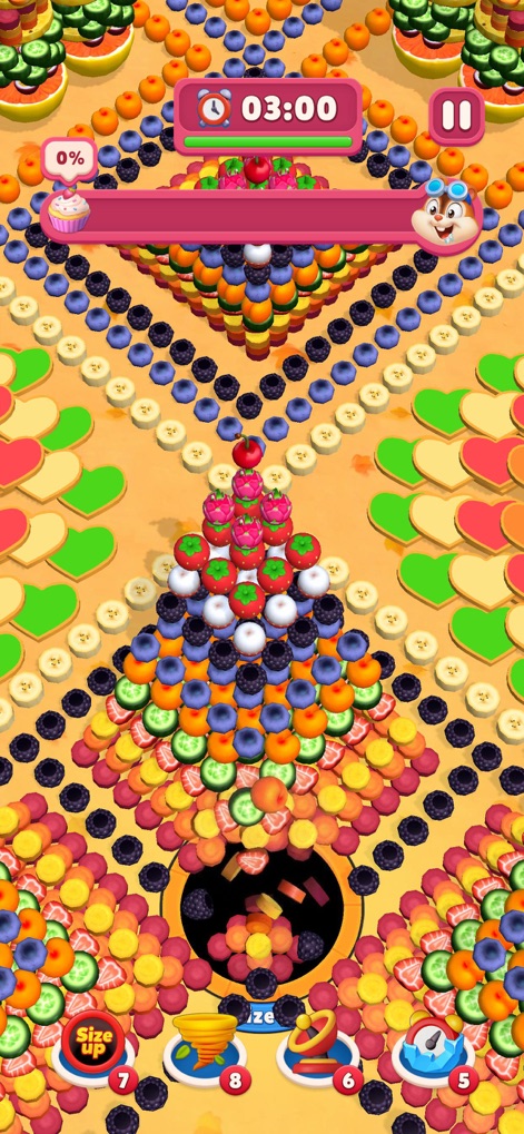 Ever Eater 3D - O aplicativo exibe uma montanha de frutas frescas empilhadas prontas para serem absorvidas, com o timer indicando 03:00 para a conclusão da fase.