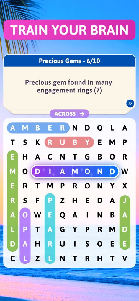 Crossword Search: Word Puzzles - La aplicación estimula el pensamiento crítico con puzles temáticos sobre 'Gemas Preciosas', donde los usuarios pueden localizar términos como 'RUBY' y 'DIAMOND' en orientaciones tanto horizontales como verticales.