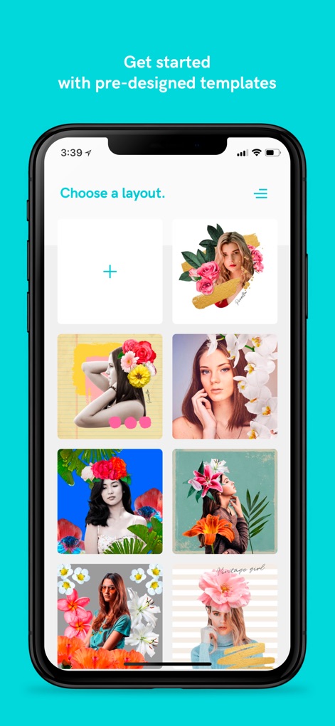 Picolla - Be Bohemian - Die App präsentiert eine vielfältige Gitteransicht von Vorlagen, die Nutzern den schnellen Einstieg mit der Integration von Blumen- und Porträtelementen ermöglicht.