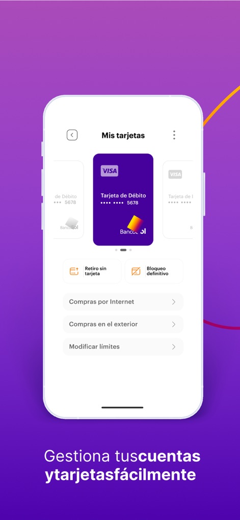 BancoSol - La sezione 'Mis tarjetas' offre un controllo completo, consentendo di gestire le impostazioni per le 'Compras por Internet' e attivare funzionalità di sicurezza come il 'Bloqueo definitivo'.