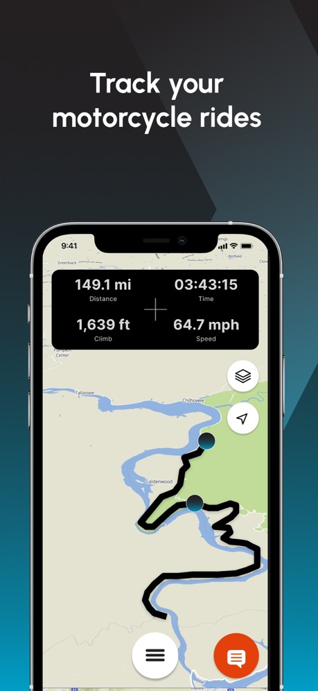 Cardo Ride - Motorcycle App App Store screenshot 2, headline “Track your motorcycle rides”. Yellow.