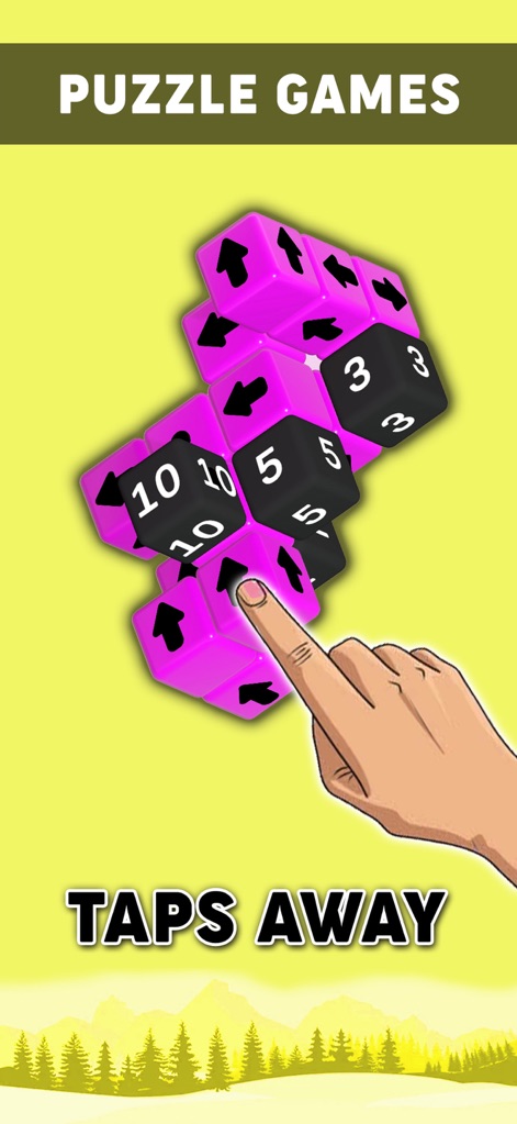 10000 Offline Games - No Wifi - Il gioco "Taps Away" è mostrato attraverso una complessa struttura di blocchi 3D (X), con una mano che indica intuitivamente come liberare i pezzi (Y), promettendo una sfida di logica tridimensionale.
