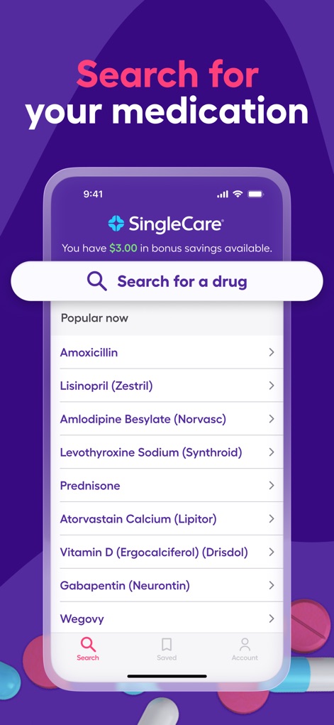 SingleCare Rx Pharmacy Coupons - Users can quickly find medications using the intuitive search bar, which also offers a convenient list of popular drug suggestions for easy access.