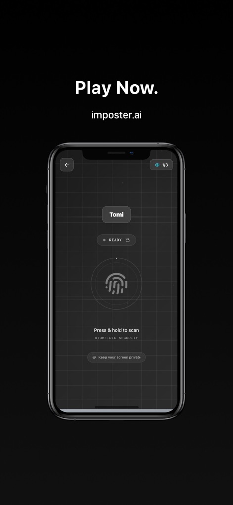 imposter ai: Spy Party Game - The game initiation screen features a 'Press & hold to scan' prompt and a 'BIOMETRIC SECURITY' visual for starting rounds.