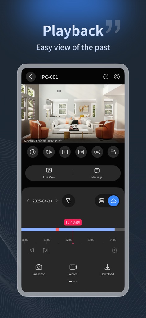 UniEase (Formerly UNV-Link) - This tool simplifies reviewing past events with a detailed video playback interface, featuring a precise 'timeline scrubber' for navigating footage and clear 'Snapshot' and 'Download' options.