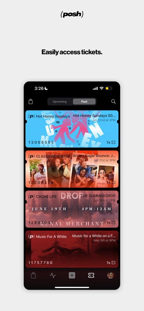 Posh – Create & Find Events - This feature offers quick access to both 'Upcoming' and 'Past' event tickets, ensuring users always have their passes readily available.
