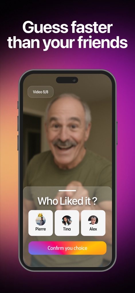 WhoLiked: Guess Likes Reposts - Dopo la visione, l'app presenta la domanda 'Who Liked it?' e offre agli utenti una selezione di amici, come 'Pierre', 'Tina', 'Alex', tra cui scegliere per indovinare il liker originale.