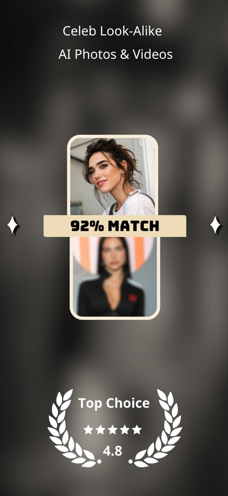 Kimo: AI Photo & Face Analyzer - Scopri la tua somiglianza con le star, come evidenziato dal '92% MATCH' e dalla valutazione 'Top Choice' di 4.8 stelle che ne attesta la precisione.