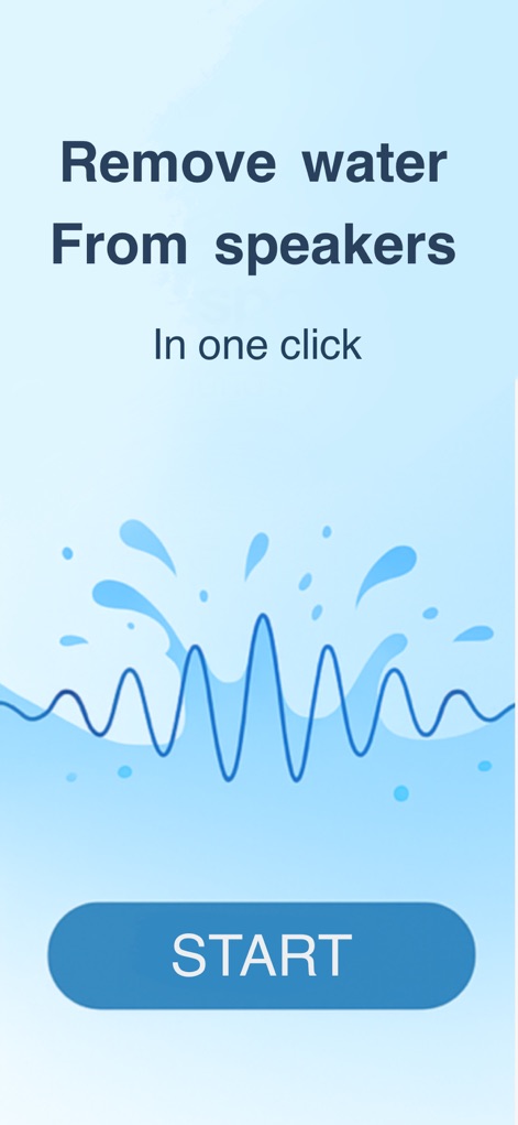 CleanSound: Speaker Cleaner - Discover how this tool simplifies water removal with a prominent 'START' button and an engaging animated water wave, indicating immediate action.