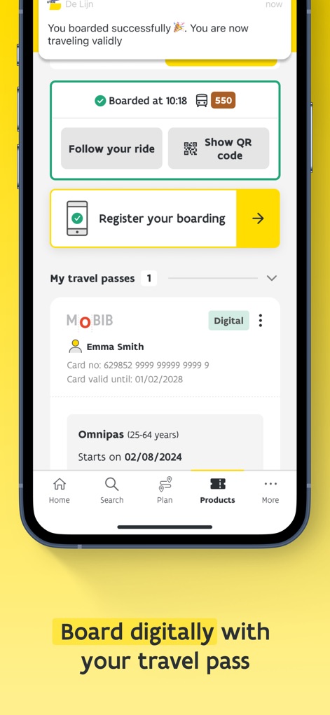 De Lijn - Users can digitally board their journey with confirmation messages and manage their integrated travel passes, including viewing personal MOBIB card details.