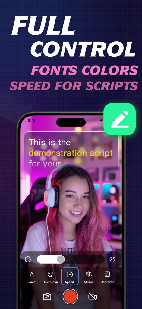 Teleprompter: Video Record AI - Gain 'Full Control' over script presentation by easily adjusting the scrolling 'Speed' and customizing diverse 'Font Colors' to match any visual style.