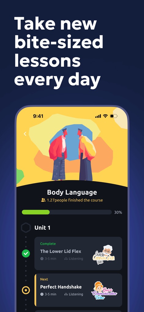 Vocal Image: AI Speaking Coach - Explore the app's 'Body Language' course, featuring bite-sized units such as 'The Lower Lid Flex' and 'Perfect Handshake' for convenient learning.