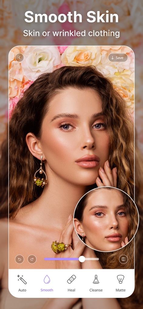 BeautyUp－AI Face & Body Editor - 사용자는 피부를 매끄럽게 보정하고, 주름진 부분을 자연스럽게 다듬어 완벽한 피부 질감을 표현할 수 있습니다.