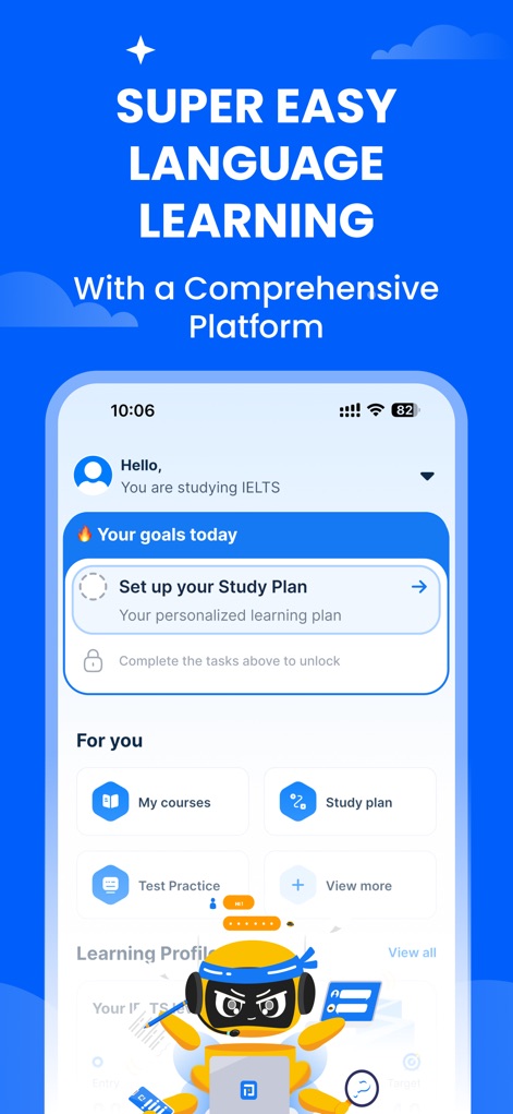 Prep-Smart learning& test prep - L'app offre un piano di studio personalizzato, come si vede nell'opzione 'Set up your Study Plan', e diverse sezioni chiave come 'My courses' e 'Test Practice', fornendo una panoramica completa per l'apprendimento.