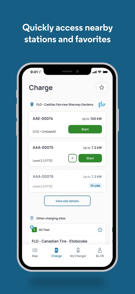 FLO EV Charging - This interface enables swift access to nearby charging stations, displaying their status, and allows users to easily manage their favorite locations with a dedicated star icon.