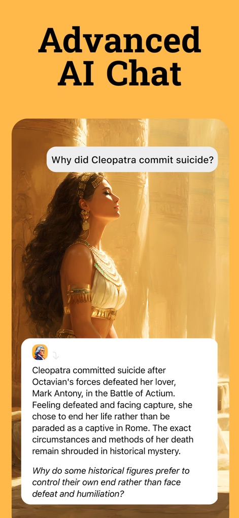 HistoryDays: Learn History - This tool provides advanced AI chat functionality, enabling users to ask historical questions like 'Why did Cleopatra commit suicide?' and receive well-researched answers.